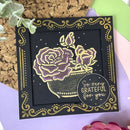 Decorative card with purple roses and 'So very grateful for you' text on a black background.
