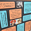Greeting card with text and images of a woman and a man, on a black polka dot background.
