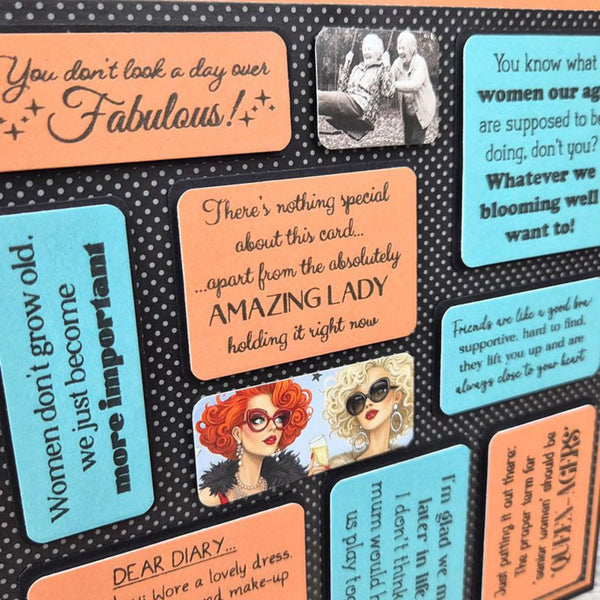Greeting card with text and images of a woman and a man, on a black polka dot background.