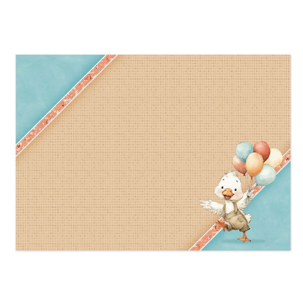 Children's placemat with a duck and balloons design on a beige and blue background