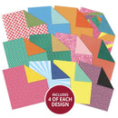 Set of colorful patterned paper squares with a circular badge indicating '4 of each design' on a white background.