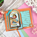 Vintage-style card with a woman holding chocolate and text on a colorful background