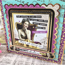Decorative card with a vintage-style illustration of a woman and humorous text on a colorful background.