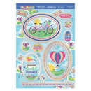 Sheet of decorative stickers with bicycles, hot air balloons, and romantic phrases on a blue background.