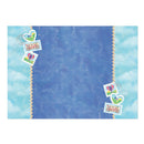 Blue grid paper with decorative stamps on a white background