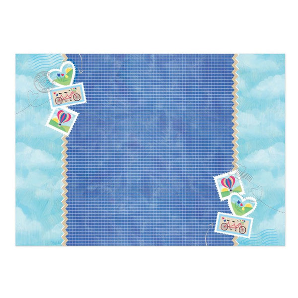 Blue grid paper with decorative stamps on a white background