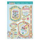 Decorative paper sheet with floral designs and text on a light blue background