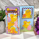 Colorful Easter-themed greeting cards with chicks and decorative elements on a wooden surface.