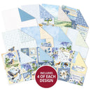 Collection of blue-themed greeting cards with various designs on a white background.
