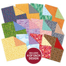 Collection of colorful patterned fabric squares with a label indicating 'Includes 4 of each design'.