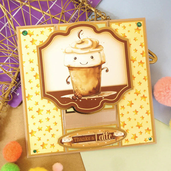 Card with a cartoon ice cream cone character and 'Thanks a latte' text on a star-patterned background.