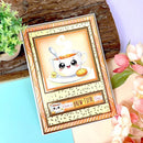 Card with a cartoon coffee cup and cookie on a decorative background with flowers and wood.