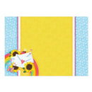Colorful placemat with sunflowers, rainbow, and envelope design on a yellow background.