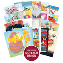 Collection of various greeting cards with different designs on a white background.