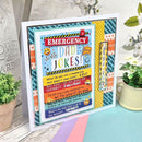 Colorful card with 'Emergency Dad Jokes' text and humorous dad jokes on a decorative background.