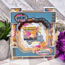 Decorative card with floral truck design and 'Mum' text on a wooden surface.
