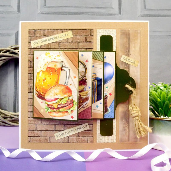 Greeting card with images of a burger, beer, and party decorations on a wooden background.