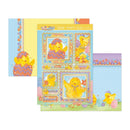 Set of Easter-themed greeting cards with cartoon chicks and decorative borders.