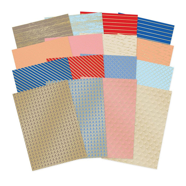 Collection of patterned paper sheets in various colors on a white background