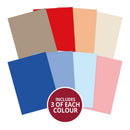 Set of colored paper sheets with a label indicating '3 of each color' on a white background
