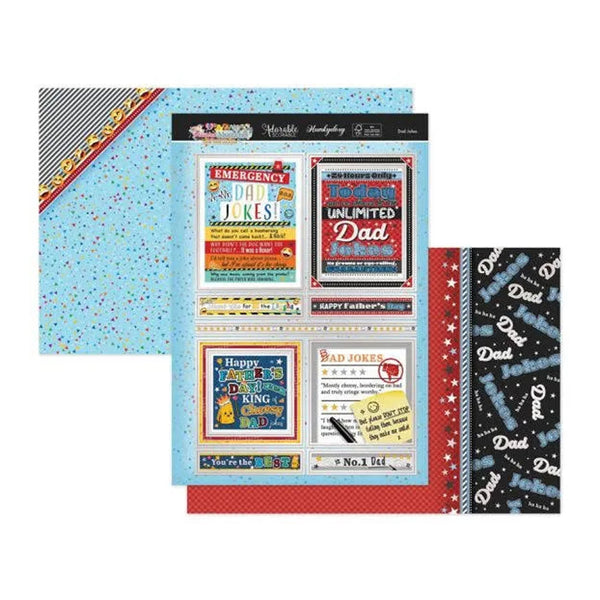 Collection of Father's Day themed cards and paper with colorful designs on a white background.