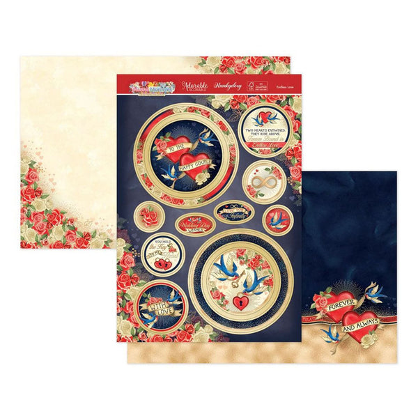 Decorative paper set with heart and floral designs on a white background