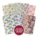 Set of floral paper sheets with a red circle indicating 'Includes 3 of each design' on a white background.