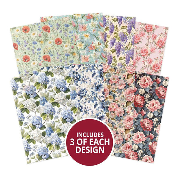 Set of floral paper sheets with a red circle indicating 'Includes 3 of each design' on a white background.