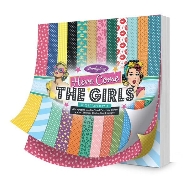Hunkydory 'Here Come The Girls' paper pad with colorful patterned design on a white background