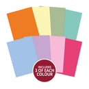 Set of colorful paper sheets with a circular label indicating 'Includes 3 of each colour' on a white background.