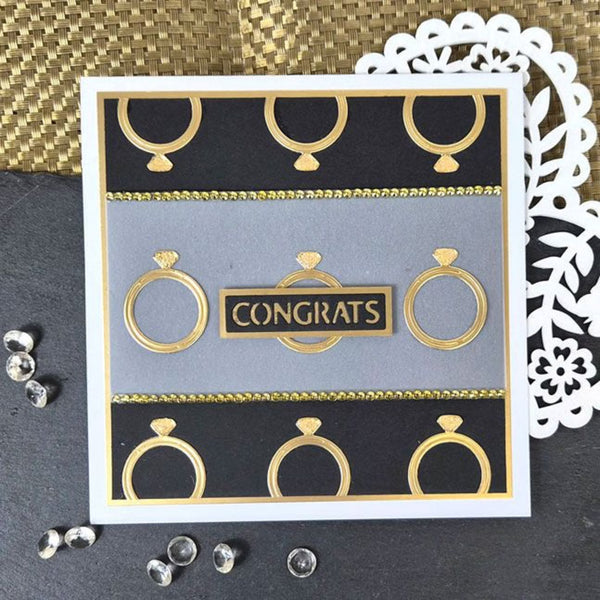 Greeting card with gold jewelry illustrations and 'Congrats' text on a decorative background.