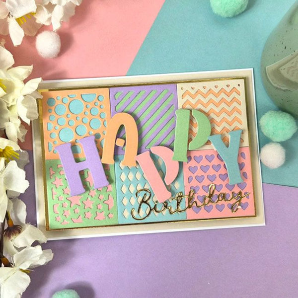 Colorful 'Happy Birthday' card with decorative elements on a multicolored background