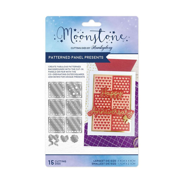 Packaging of Moonytone cutting dies with patterned panel and 'Happy Anniversary' design.