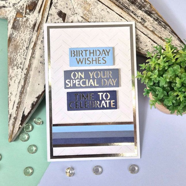 Birthday card with text 'Birthday wishes on your special day, time to celebrate' on a wooden surface with decorative elements.