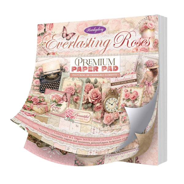 Hunkydory Everlasting Roses Premium Paper Pad packaging with floral and vintage design elements.