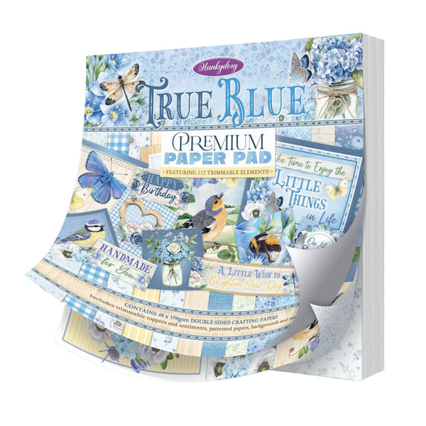 Hunkydory True Blue premium paper pad packaging with blue and white design elements.