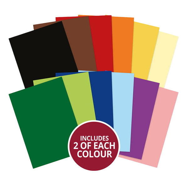 Assortment of colored paper sheets with a label indicating '2 of each colour' on a white background.