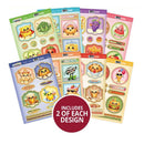 Collection of colorful sticker sheets with cartoon characters on a white background