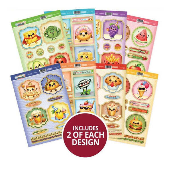 Collection of colorful sticker sheets with cartoon characters on a white background