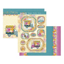 Decorative paper sheet with floral truck designs and text on a white background