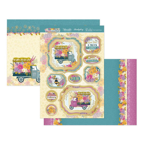 Decorative paper sheet with floral truck designs and text on a white background