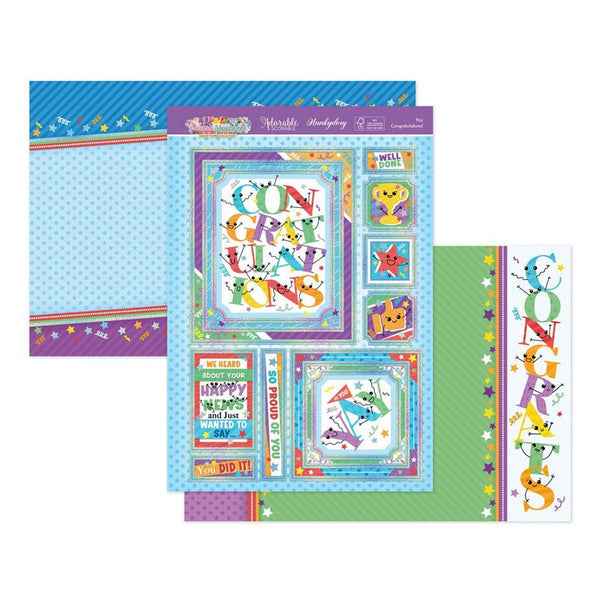 Colorful children's paper with various designs and text on a white background