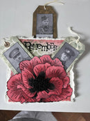 Memorial card with poppy flower and vintage photos on a white background