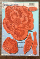 Set of red floral stamps on a blue card with 'IndigoBlu' branding.