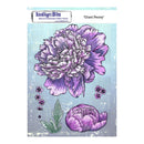 IndigoBlu Giant Peony rubber stamp with a purple peony flower on a light blue background.