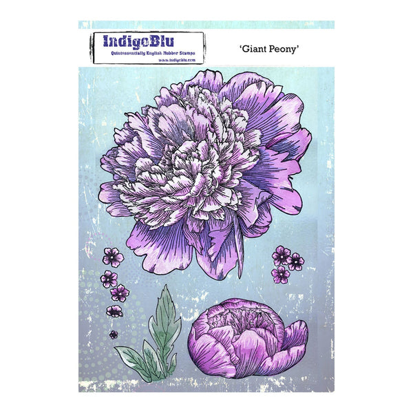 IndigoBlu Giant Peony rubber stamp with a purple peony flower on a light blue background.