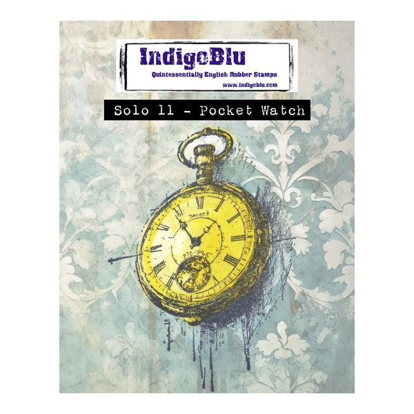 Yellow pocket watch illustration on a textured background with 'IndigoBlu' branding.