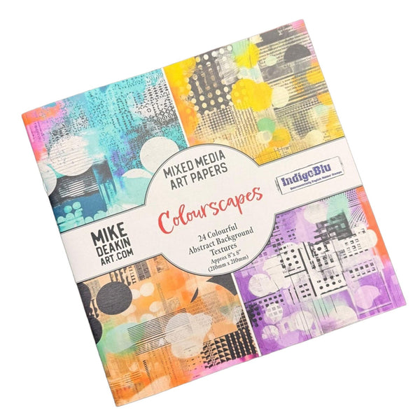Pack of mixed media art papers with colorful abstract designs on a white background