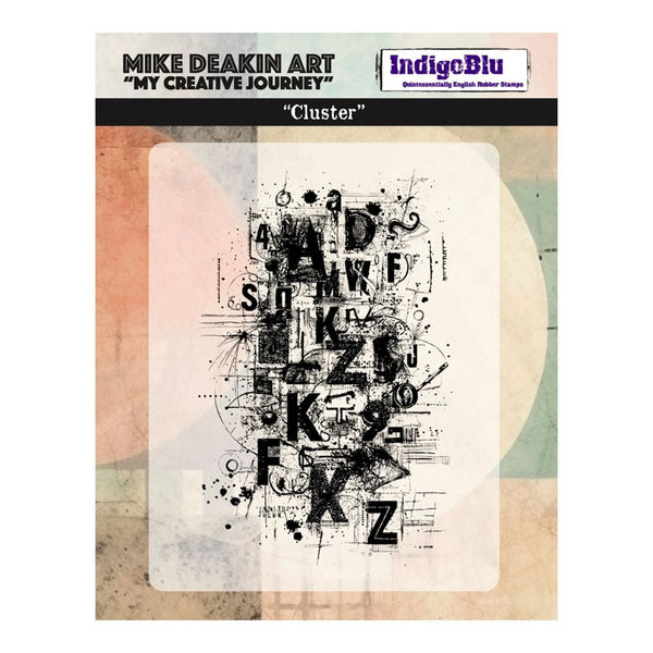 Artistic design with text and abstract elements on a textured background, featuring 'Mike Deakin Art' and 'IndigcBlu'.