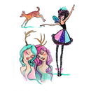 Colorful illustrations of a fairy, deer, and two women with antlers on a white background.